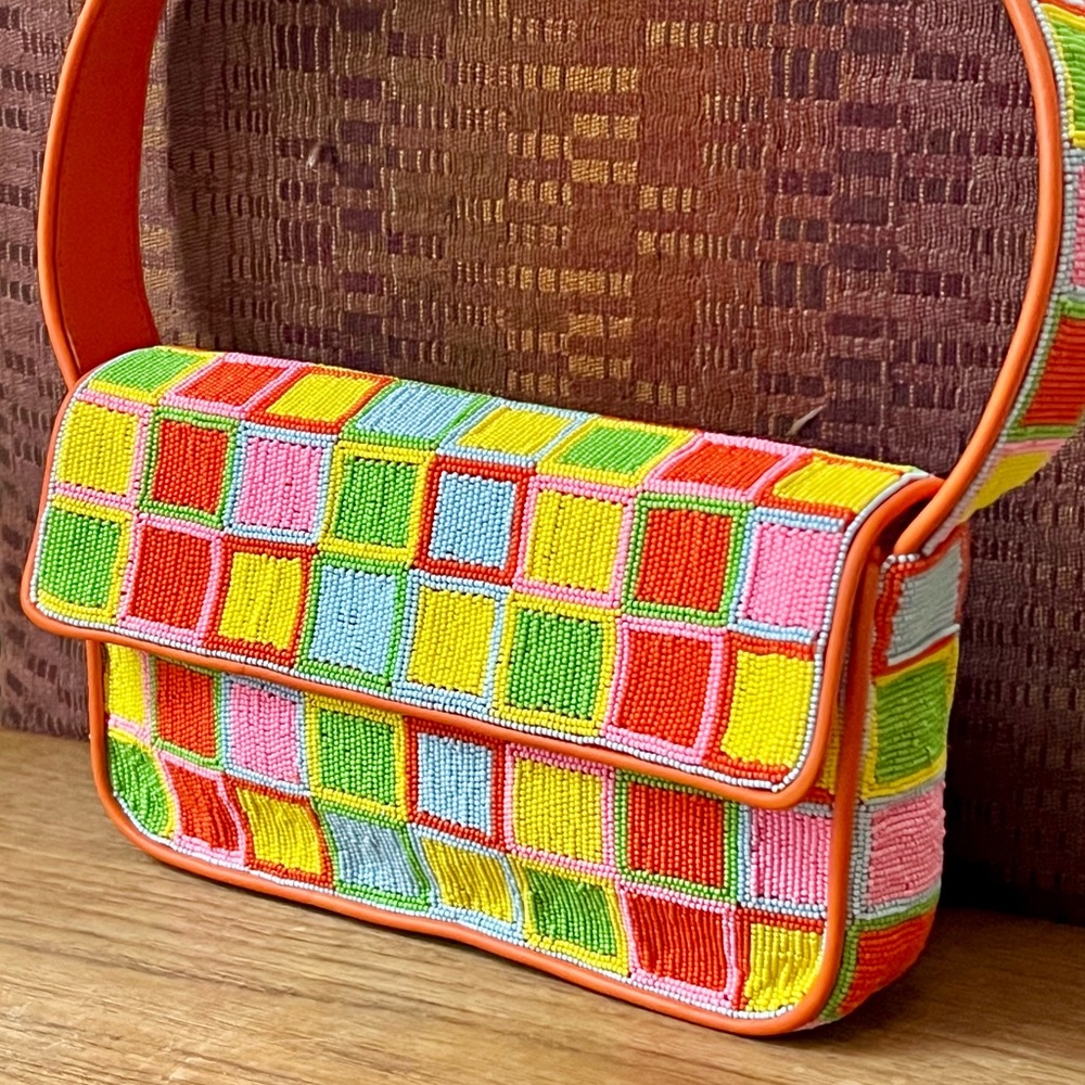 🌺🎉HP🎉🌺 Staud Beaded Tommy Shoulder Bag Multi Check 🌟 Rare Find 🌟
